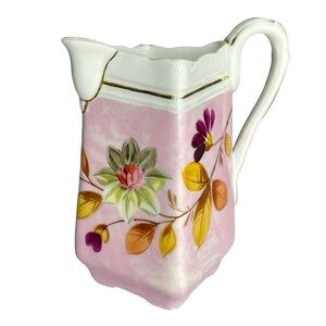 Hand-Painted 5 inch Square Porcelain Pink Floral Creamer Pitcher Gold Accents